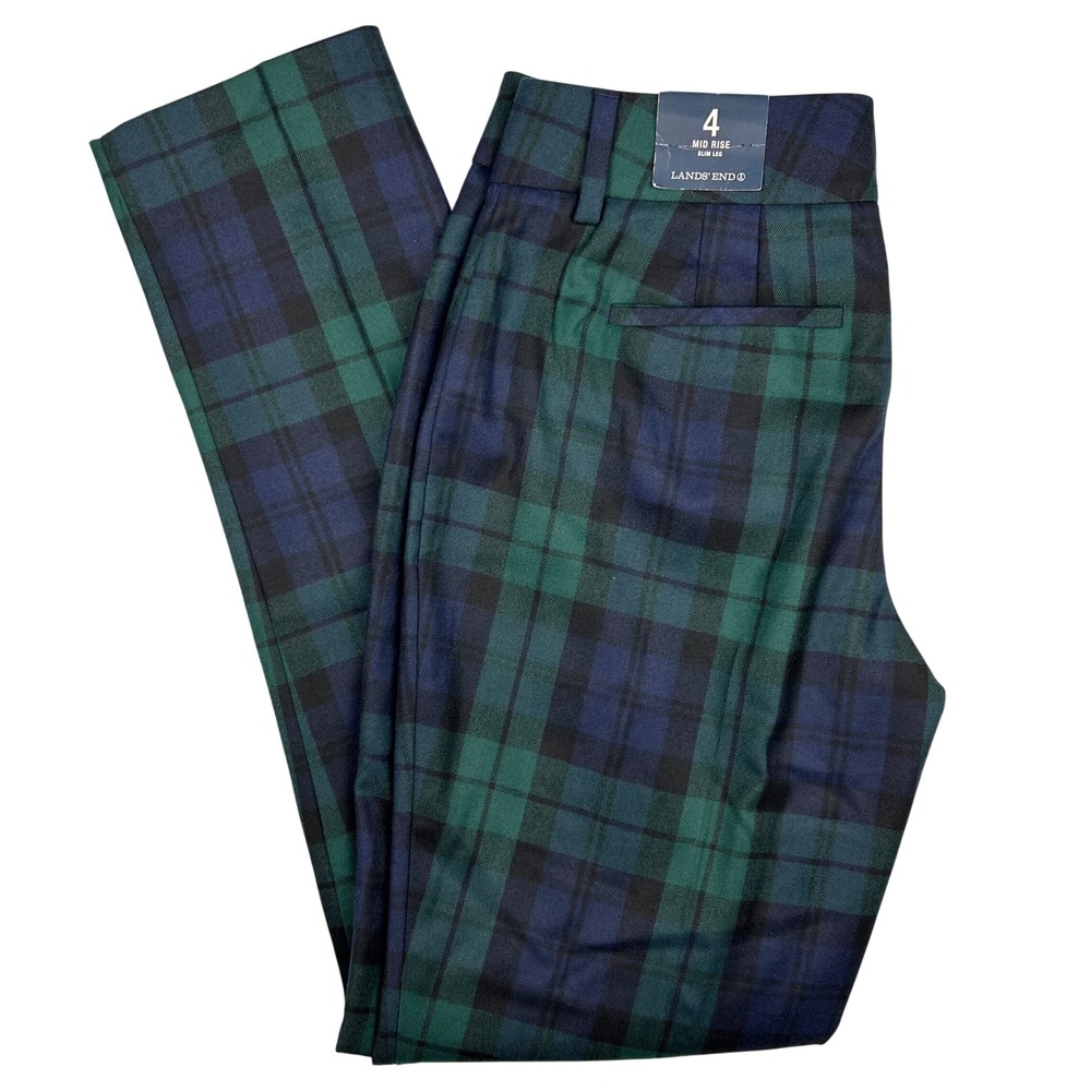Lands End Women 4 Blackwatch Plaid Mid Rise Slim Leg Pants Green Navy Tartan 30"